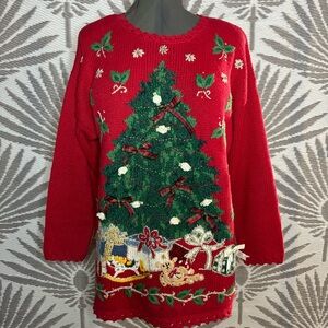 Vtg Christmas Sweater Chunky Sz M Red Bows Bells Tree Ugly Festive Novelty
